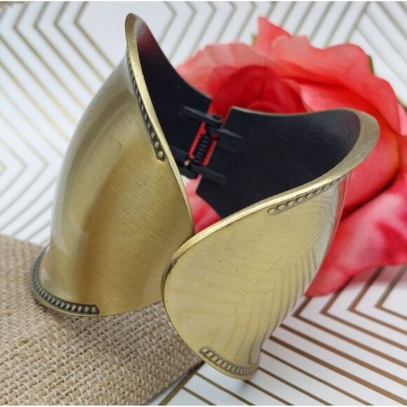 Hinged Brush Gold Tone Statement Cuff Bracelet Wide Studded Trim - Picture 6 of 10